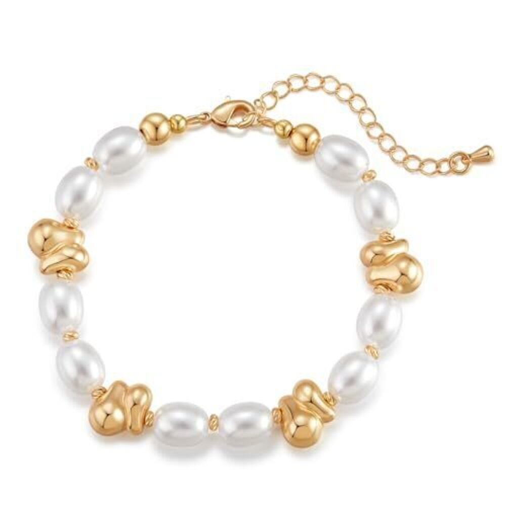 5097 Pearl Beaded Bracelet 18K Gold Plated Link Chain Dainty Handmade